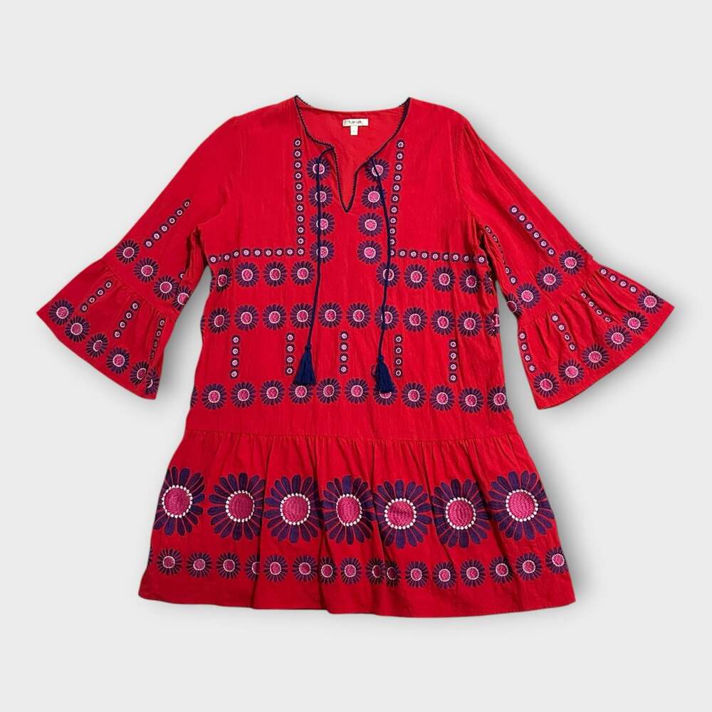 tyler böe Red Embroidered Floral Tunic Boho Dress Large